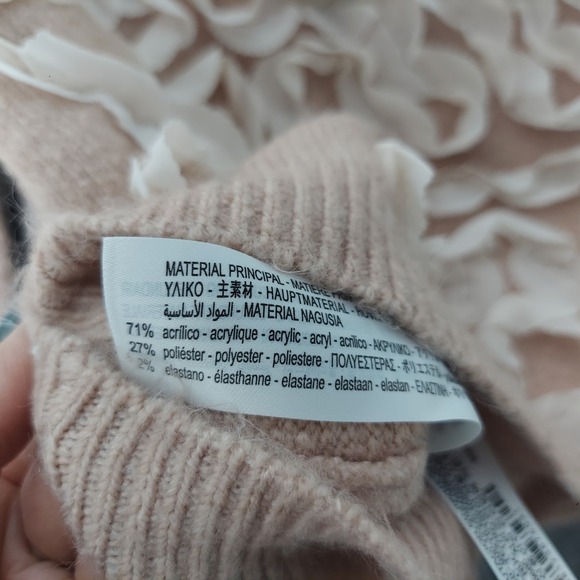ZARA Women Sweater M Beige Textured Ruffle Floral Applique Knit Long Sleeve - Picture 12 of 12